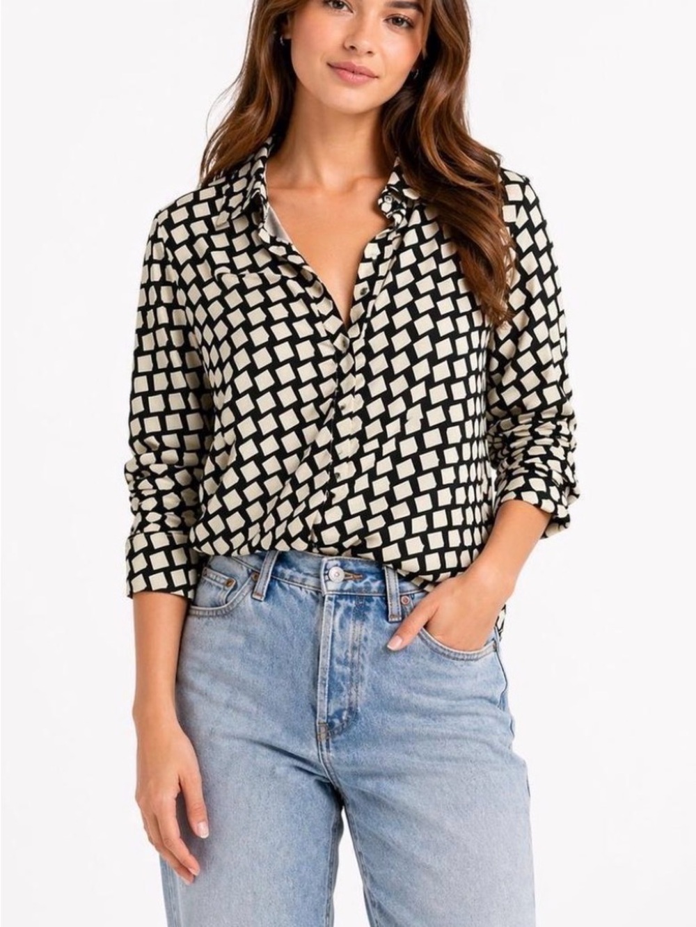 Tahari Black & Cream Geometric Button-Down Shirt
